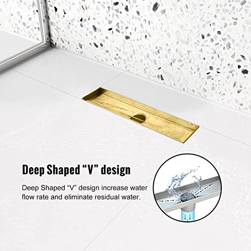 12" Linear Shower Drain Brushed Gold Drain with Tile Insert Grate | AISI 304 Stainless Steel Fast Drainage Rectangle Hidden Shower Trench,Detachable Hair Catcher Easy to install,Leveling Feet - color: Gold, size: 12 Inch (No Base)