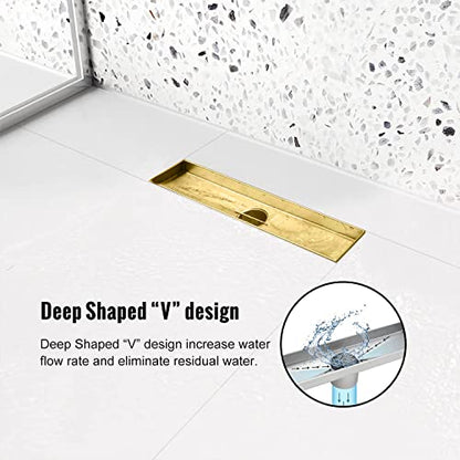 12" Linear Shower Drain Brushed Gold Drain with Tile Insert Grate | AISI 304 Stainless Steel Fast Drainage Rectangle Hidden Shower Trench,Detachable Hair Catcher Easy to install,Leveling Feet - color: Gold, size: 12 Inch (No Base)