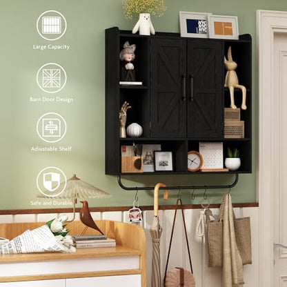 RUSTOWN Rustic Bathroom Wall Storage Cabinet with 2 Barn Doors, Black | Farmhouse Medicine Cabinet, Wall Mounted, Space Saving, 3-Tier Adjustable Shelves, Towel Bar, 5 Hooks