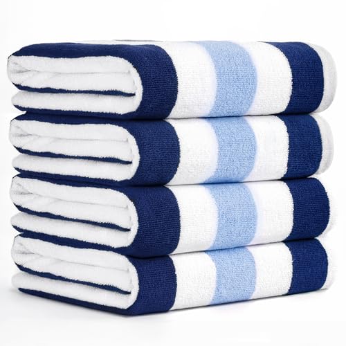 American Soft Linen Cabana Striped Beach Towels, 30x60 inch 4 Piece Oversize Pool Towels, Quick Drying Sand Free Swim Towels, Navy-Sky Blue - color: Navy Blue-sky Blue