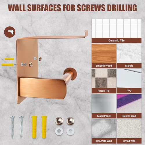 Rose Gold Toilet Paper Holder with Shelf, SUS304 Stainless Steel Rustproof Wall Mount Toilet Paper Roll Holder, Screw Bathroom Toilet Paper Holder for Kitchen, Washroom, RV - color: Rose Gold