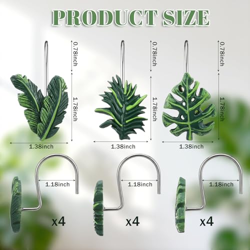 12 Pcs Tropical Leaf Decorative Shower Curtain Hooks Cute Green Monstera Deliciosa Leaves Curtain Rings Hanger Stainless Steel Resin Tropical Botanical Themed Hooks for Home Bathroom Decor - style: Tropical
