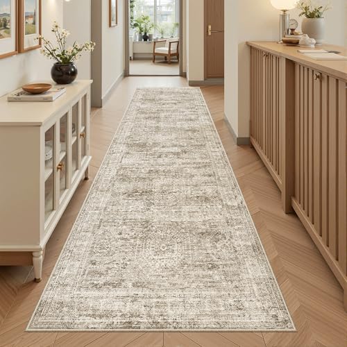 Soalmost Washable Runner Rug 2'6"x8' Kitchen Hallway Runners Brown | Soft Non-Slip 2.5x8ft Carpet for Entryway Bathroom, Low Pile Vintage Foldable Floor Mat for Corridor Laundry Room Bedroom - color: Brown, size: 2'6" x 8' (Runner)