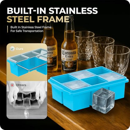 Large Ice Cube Trays for Whiskey, Silicone Ice Cube Tray, with Reinforced Steel Ring Top, Makes 12 perfect 2-in ice cubes, Square Ice Tray for Cocktails, Whiskey, Coffee. (2 Pack) - color: Sea blue