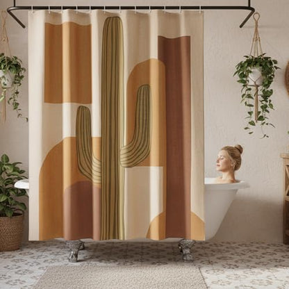 Tropical Cactus Linen Shower Boho Curtain Set with Liner,72" Wx72 L | Double Layer Shower Curtain Waterproof Fabric with Zippered Removable PEVA Liner,Boho Shower Curtain for Bathroom,Free Hooks - color: Orange Cactus