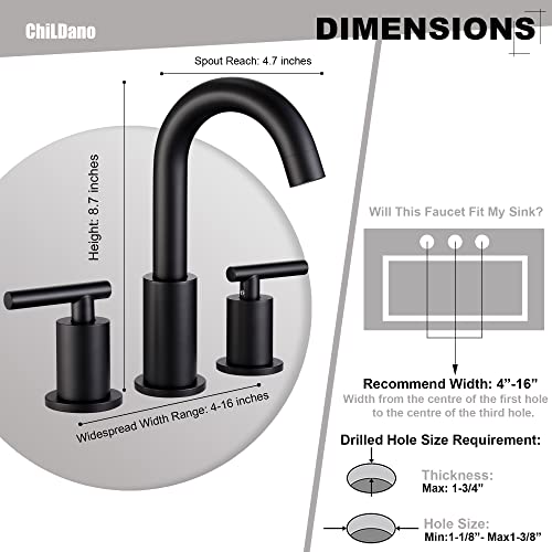 ChiLDano Black Faucets for Bathroom Sink, 3 Hole Bathroom Faucet with Drain | 2 Handles Widespread Bathroom Faucet for Sink, 8 in Spread Black Sink Faucets Bathroom with Swivel Spout - color: Matte Black