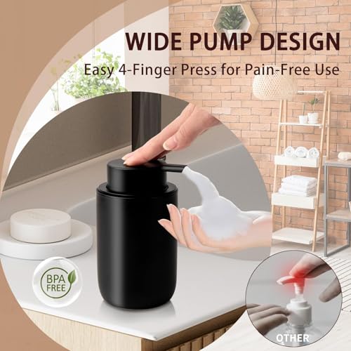 Foaming Soap Dispenser Thick Ceramic Foam Hand Soap Dispenser for Bathroom or Kitchen Sink, Liquid Pump Bottles for Hand soap, Body Wash, 2 Pack Black | Refillable Foam Soap Dispensers for Hand Soap and Body Wash, Ideal for Bathroom Countertop, Kitchen Si