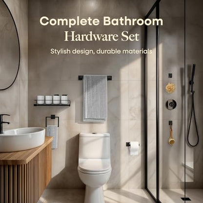 Matte Black Bathroom Hardware Set with 15.7" x 5.9" Shelf, 6 Pcs (5+Shelf) - color: Matte Black