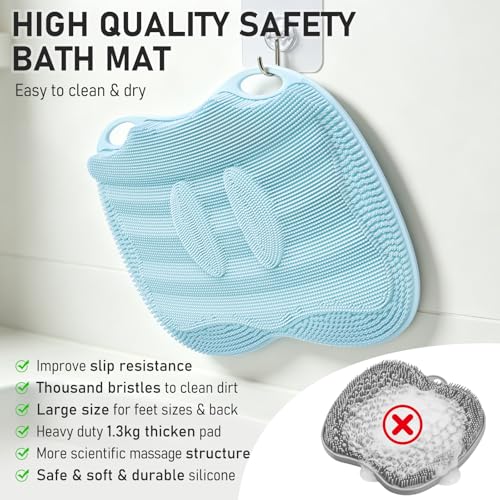 Silicone Shower Foot Scrubber Mat XL with Non-Slip Suction Cups | Feet Toes Deep Clean Exfoliate Massage Brush without Bending, Use in Shower Bathtub Floor Bathroom Safe 17.4*13.4" Light Blue - color: 17.4*13.4" Light Blue