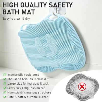 Silicone Shower Foot Scrubber Mat XL with Non-Slip Suction Cups | Feet Toes Deep Clean Exfoliate Massage Brush without Bending, Use in Shower Bathtub Floor Bathroom Safe 17.4*13.4" Light Blue - color: 17.4*13.4" Light Blue