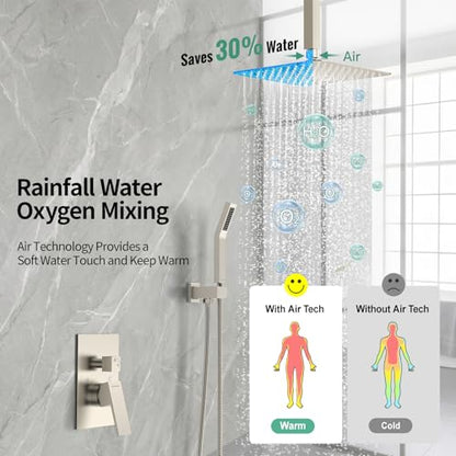 SR SUN RISE Brass 10 Inches Ceiling Mounted Shower System Brushed Nickel Bathroom Luxury Rain Mixer Shower Combo Set Ceiling Install Rainfall Shower Head System - color: Brushed Nickel, style: 10 inch