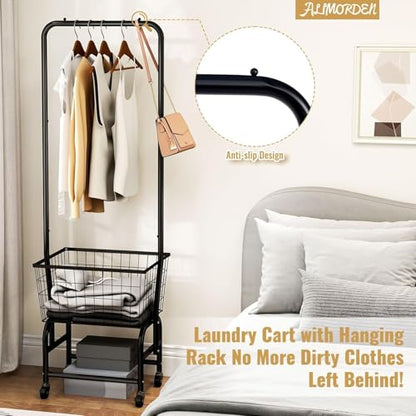 ALIMORDEN Rolling Laundry Cart with Hanging Rack & Metal Basket, Black | 360° Lockable Casters, Wire Laundry Basket Cart, Hanging Rack, Powder Coated Frame for Laundry Room & Bedroom Storage - color: Black