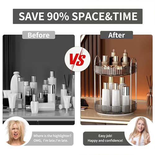 YCIA&DONE 360 Rotating Makeup Organizer and Storage for Vanity Countertop 2 Tiers, High Capacity Cosmetic Skincare Perfume Organizers for Dresser Bathroom Lazy Susan (Smoky Gray)