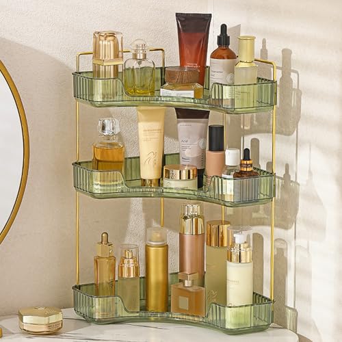 Aveniee Corner Bathroom Counter Organizer, 3 Tier Makeup Perfume Storage for Vanity, Countertop SkinCare Stand Shelf Holder for Women (Green) - color: Gem Green, size: 3 Tier