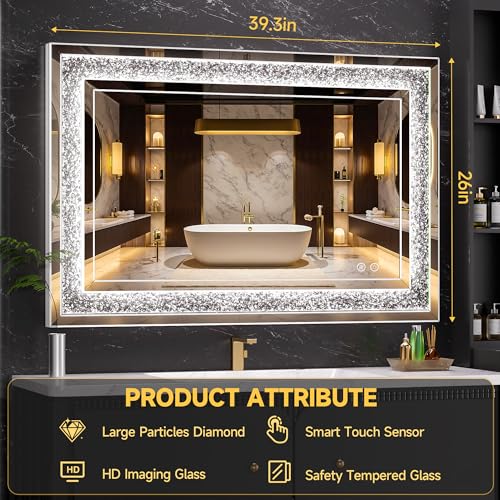 WINNICE 40"x26" LED Diamond Wall Mirror, Dim & Anti-Fog | Crystal glass, dimmable & anti-fog, mounts vertical/horizontal, ideal for bathroom, bedroom, living room. - size: 26"L x 40"W