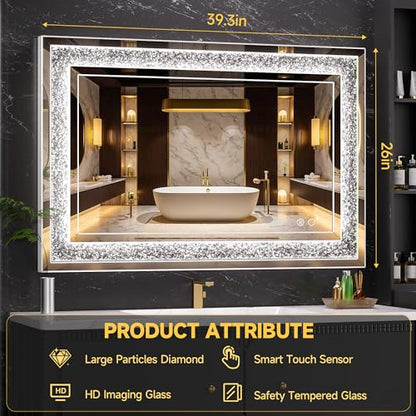 WINNICE 40"x26" LED Diamond Wall Mirror, Dim & Anti-Fog | Crystal glass, dimmable & anti-fog, mounts vertical/horizontal, ideal for bathroom, bedroom, living room. - size: 26"L x 40"W