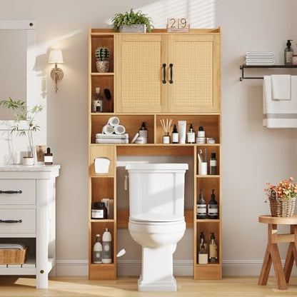 Vabches Farmhouse Style Rattan Over-The-Toilet Storage Cabinet with 2 Rattan Doors, Toilet Paper Holder - Space-Saving Oak Bathroom Organizer. - color: Rattan Oak