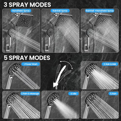 Veken Multi-Function Rain Shower Head with Handheld, High Pressure, Square | Rainfall Showerhead, Dual Shower Heads Combo, 5-mode Detachable Hand Held Spray with Hose, regaderas para shower, Chrome - color: Chrome