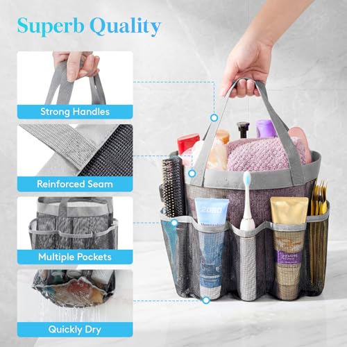 Lifewit Mesh Shower Caddy Portable for College Dorm Room Essentials with 7 Pockets, Freestanding Hanging Organizer Basket, Quick Dry Tote Bag for Camping, Bathroom, Beach, Travel, 1 Pack, Grey | 2 Handles, Freestanding, Quick Dry Tote Bag, 7 Pockets, for