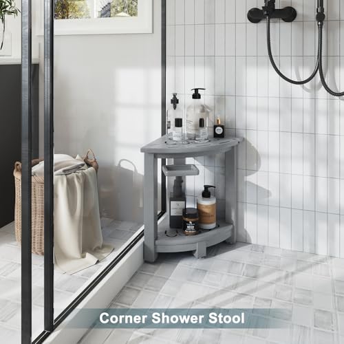 NALONE Corner Shower Stool, HDPE Shower Bench for Inside Shower, Small Shower Chair Seat for Shaving Legs with Storage Shelf, Soap Box and No-Slip Feet (Grey) | Small Shower Chair Seat for Shaving Legs, with Storage Shelf, Soap Box and No-Slip Feet, All W