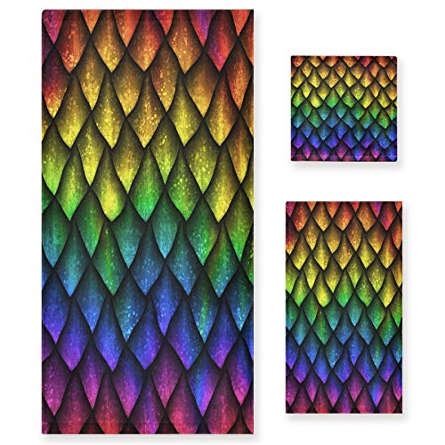 ALAZA 3-Piece Towel Set, Rainbow Dragon Scales Bath Towel Sets, 1 Bath Towel, 1 Hand Towel, 1 Washcloth, Absorbent Soft Towels Quick Drying for Bathroom - color: Multi11