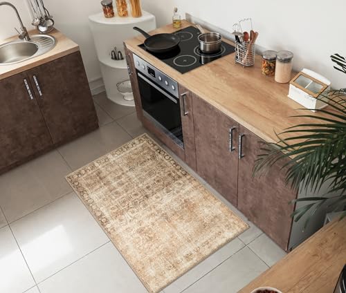 Keen Home Design Vintage Washable Entryway Rug, Non-Slip Low Pile, 2x3 | Machine washable cotton chenille, 0.25in low pile, rubber non-slip back; kitchen, entryway, bathroom, bedside - color: Beige / Brown, size: 2' x 3' (Rectangular)