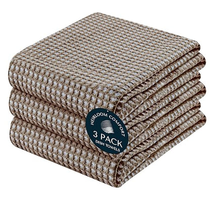 3 Pack Dual Waffle Weave Kitchen Towels, 16x26 Inch, 100% Cotton, Super Absorbent, Quick Dry Dishcloth Set with Hanging Loop, Soft and Durable, Brown - color: Brown, size: 16 x 26 - Pack of 3