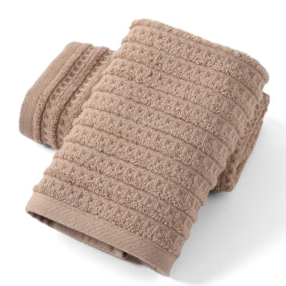 sense gnosis Brown Hand Towel Set of 2 Waffle with Terry Striped Pattern 100% Cotton Ultra Soft Absorbent Towels for Bathroom Kitchen Home 13 x 29 Inch - color: Brown