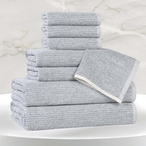 SUPERIOR Destin Viscose Cotton Blend Medium Weight Towels, for Bathroom, Shower, Spa, Plush, Quick Dry, Ultra-Soft Towels, Bath Essentials, Ribbed Design, 8 Piece Assorted Towel Set, Denim Blue - color: Denim Blue, size: 8 Piece Towel Set