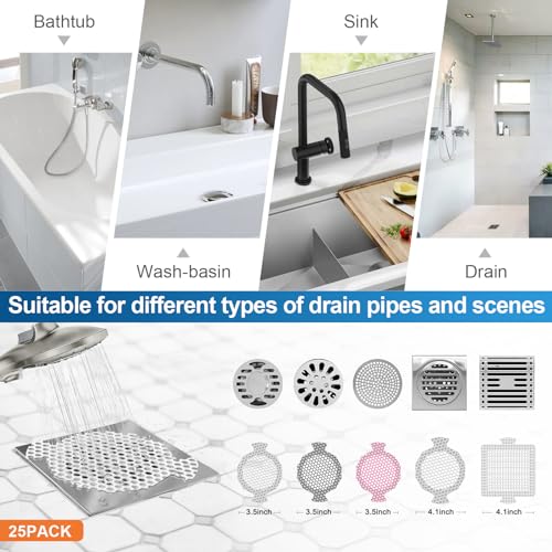 25 Pack, Disposable Shower Drain Hair Catcher Mesh Stickers, Disposable Hair Drain Catcher.(White,4.1inch), Hc2-4.1inRound-25