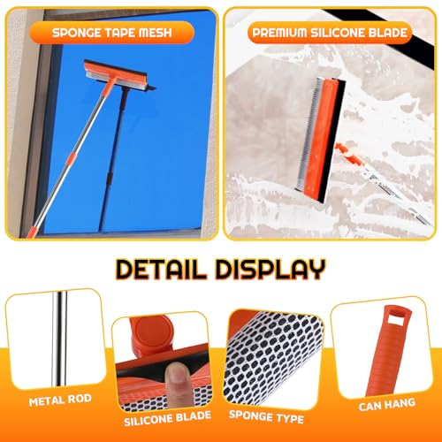 2-in-1 Window Squeegee with 62" Pole — Streak-Free & Sponge Scrubber | No ladder for high windows, skylights, shower doors, car & RV windshields, tile. Orange. Stainless pole sponge scrubber.