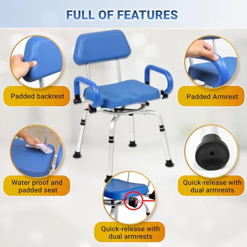 Mobi-Bench Swivel Shower Chair with Padded Seat, Back & Arms - 360° Rotating Bath Chair, Adjustable Height, Heavy Duty Bariatric - 300lb Capacity