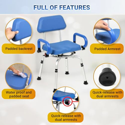 Mobi-Bench Swivel Shower Chair with Padded Seat, Back & Arms - 360° Rotating Bath Chair, Adjustable Height, Heavy Duty Bariatric - 300lb Capacity