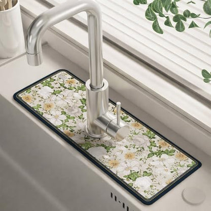 14.96"×5.43" Diatomite Sink Faucet Absorbing Mat, Reusable Drying Mat Splash Guard for Kitchen Bathroom Counter, Sink Drip Catcher & Organizer - style: Flower-1