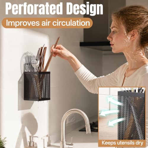DTUQYX Wall-Mounted Kitchen Utensil Holder - No Drilling Self-adhesive Organizer Basket Countertop Silverware Caddy, Dual Use Mesh Storage for Spoons, Forks, Cooking Tools Bathroom & Makeup, Black