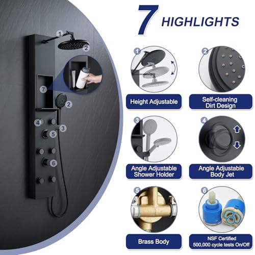 ROVATE Shower Panel Tower System with Shelf & 6 Body Jets, Matte Black | Stainless Steel Shower Column with Height Adjustable Shower Arm, Self-Cleaning Rainfall Shower & Handheld, Mixing Valve Body - color: Matte Black