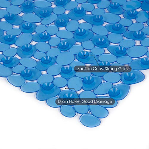 WELTRXE Non Slip Bathtub Mat, 35 x 16 Inches Bathroom Pebbles Shower Mat with Suction Cups, Drain Holes, Suction Bath Mats for Tub Machine Washable - Clear Blue - color: Pebbles-clear Blue, size: 35" x 16" (Rectangular)