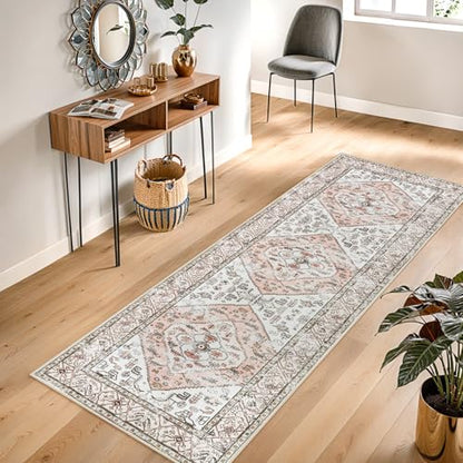 Lahome Boho Washable Non-Slip Pink Rug - Ultra-Thin Non-Shedding Bedroom Bathroom Carpet Runner for Hallway Entryway Adelyn (Pink, 2'x6') - color: Light Pink, size: 2' x 6' (Runner)
