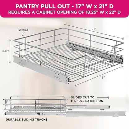 HOLDN’ STORAGE Pull Out Cabinet Organizer, Pantry Drawer, 17"W x 21"D x 5"H | Heavy-Duty Full-Extension, Roll Out Shelf for Pots, Pans & Under Sink Storage, Chrome, Require a 18.25"W Cabinet Opening - size: 17 Inch
