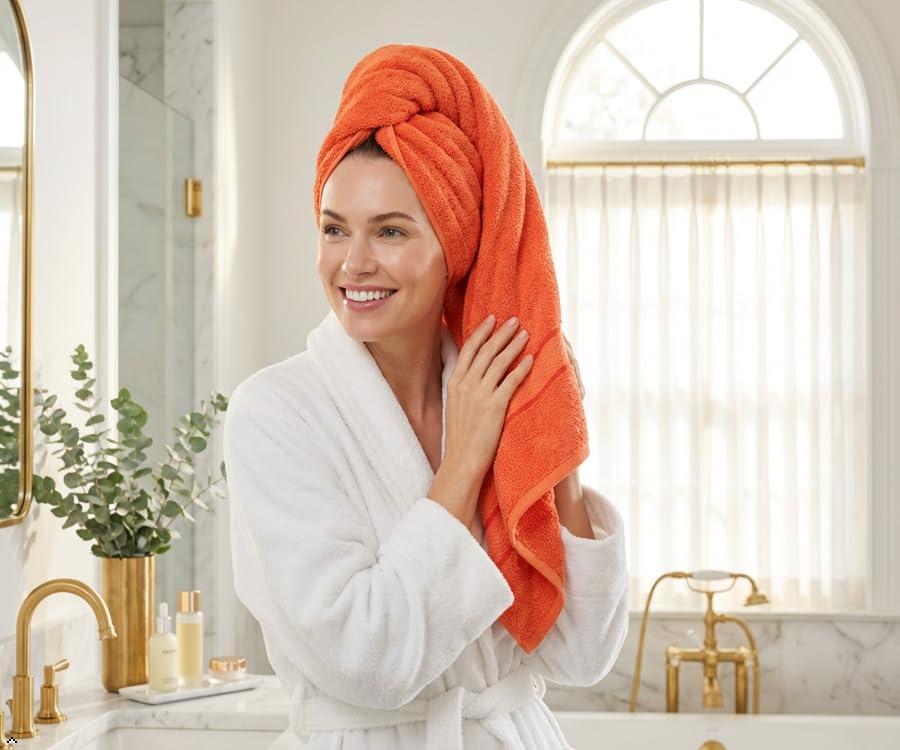CRAFTBERRY- 6 Piece Cotton Bath Towel Set- 2 Bath - 2 Hand - 2 Face, Orange | 100% Cotton • Thick & Plush • Hotel Quality • Ultra Soft • Highly Absorbent • Quick Dry • Low Lint • Machine Washable - color: Saffron