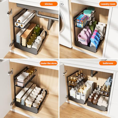 PureBox Under Sink Organizer, 2-Tier L-Shaped Pull Out Cabinet Shelf with 2 Installation Methods, Adjustable Sliding Storage Drawer for Kitchen, Bathroom, Laundry, Metal, Black - size: 1 Pack