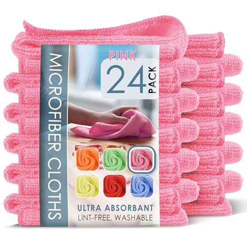 Hearth & Harbor Microfiber Cleaning Cloth Microfiber Towels for Cars 24 Pack Washcloths Pink Cleaning Rags Reusable Microfiber Towel Microfiber Cloth Rags Lint Free Cloth 12Inchesx12Inches - color: Pink, size: 12"x12", style: 24 Pack