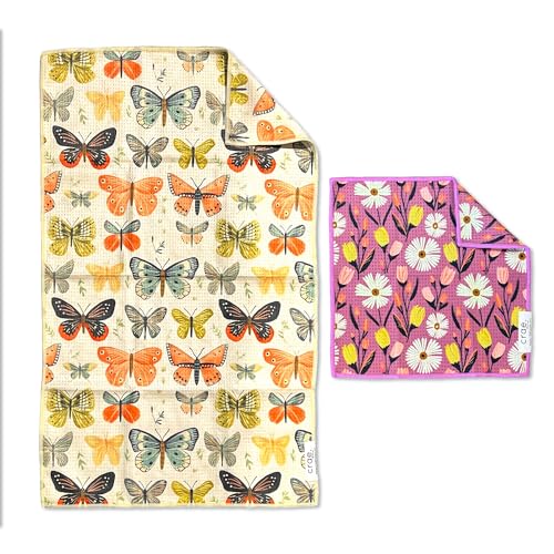 Microfiber Hand Towel & Washcloth Set, Double-Sided Waffle Weave Set of Two | Super Absorbent, Lint-Free, Fast Drying, Wings & Flower Farm Pattern, Purple/Cream, Bathroom, Kitchen, Car & Window Cloth Set - color: Wings & Flower Farm - Purple/Cream, size: