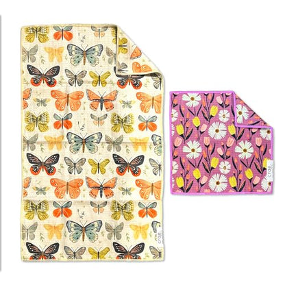 Microfiber Hand Towel & Washcloth Set, Double-Sided Waffle Weave Set of Two | Super Absorbent, Lint-Free, Fast Drying, Wings & Flower Farm Pattern, Purple/Cream, Bathroom, Kitchen, Car & Window Cloth Set - color: Wings & Flower Farm - Purple/Cream, size: