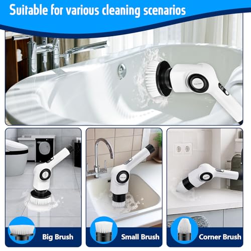 Electric Spin Scrubber,Cordless Cleaning Brush with 8 Replaceable Brush Heads,360°Power Scrubber for Tub and Floor Tile,with 3 Adjustable Speed & Rotatable & Detachable Handle for Bathroom Kitchen Car