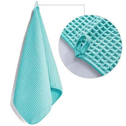 POLYTE 430 GSM Poly Blend Microfiber Quick Dry Waffle Hand Towel, 16x30 in | 4 Pack, Oversize, Lint Free, Quick Dry, Hanging Loop - color: Aqua
