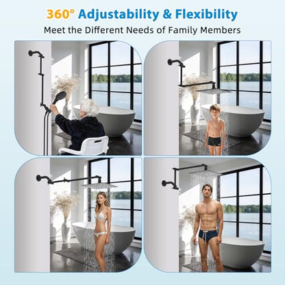 All-Metal 16" Shower Head Extension Arm, G1/2" Universal/Adjustable, Black | Flexible Brass Shower Head Extender Adjustable Height/Angle, Stainless Steel Rain Shower Pipe Height Extended with Lock Joint - color: Matte Black, size: 16 Inch