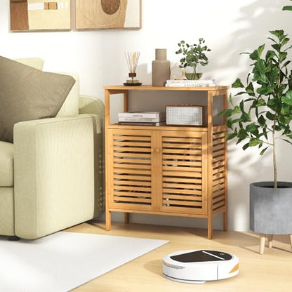 Tangkula Bamboo Floor Cabinet, Bathroom Storage Cabinet with Double Slatted Doors, Open Shelf, Removable Shelf, Storage Organizer for Bathroom Doorway Living Room Kitchen - style: Double Doors