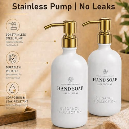 Fachixy White Glass Soap Dispenser 2 Pack, 16 Fl Oz, 14 Waterproof Labels | Rust-Resistant Stainless Steel Pump, Non-Slip Pad, Hand & Dish Soap Dispenser Bottles Set for Kitchen and Bathroom - color: White