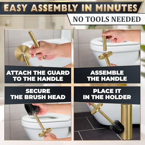 Stainless Steel Toilet Brush and Holder Set, Splash Guard (Gold) | Toilet Bowl Brush and Holder, Removable Inner Bowl, Dense Bristles, Long Handle, Scratch Resistant, for Modern Bathrooms - color: Gold